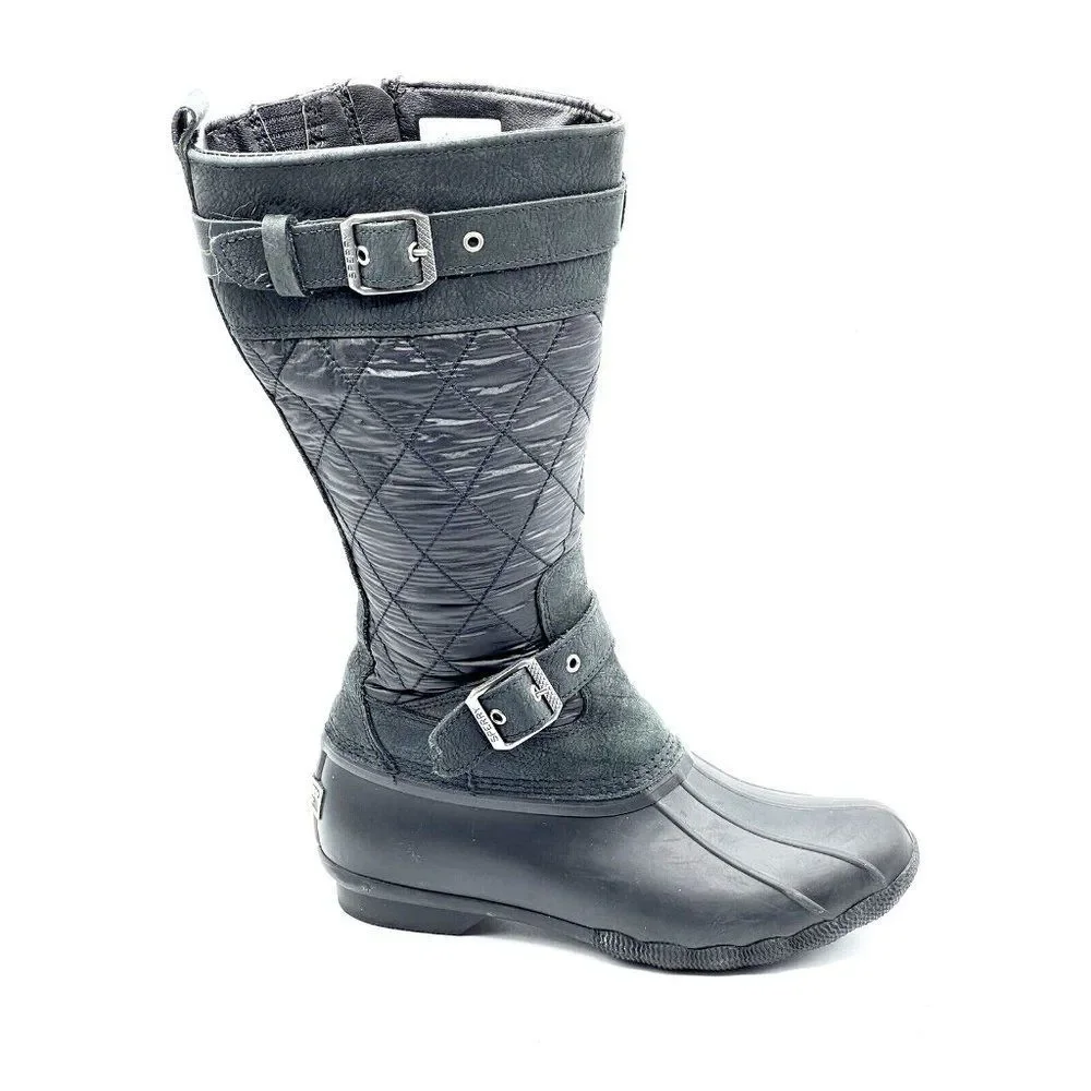 Sperry Saltwater Tall Buckle Nylon Quilt Rain Boot Black Women's Size 7.5 - Picture 2 of 10